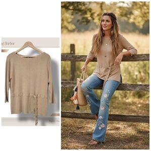 🌿Sag Harbor Women's Medium Tan Knit Crochet Tie Waist Longsleeve Sweater